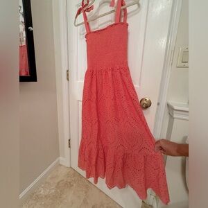 Southern Fried Chics Cotton Boho sundress eyelet and elastic gathering L coral